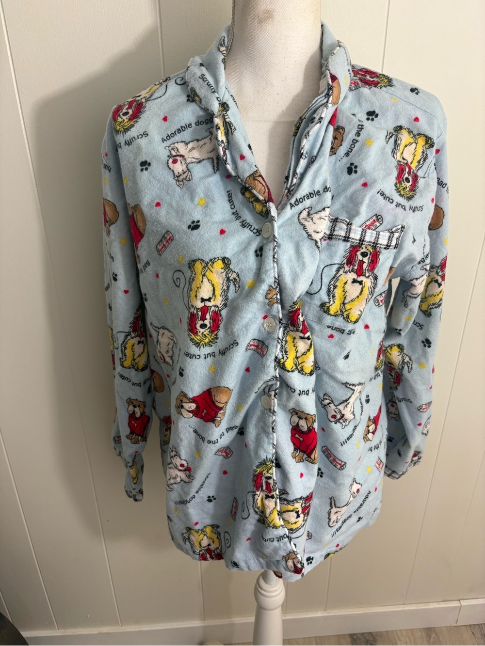 Vintage Women's Light Blue Dog Print Fleece Pajama Top